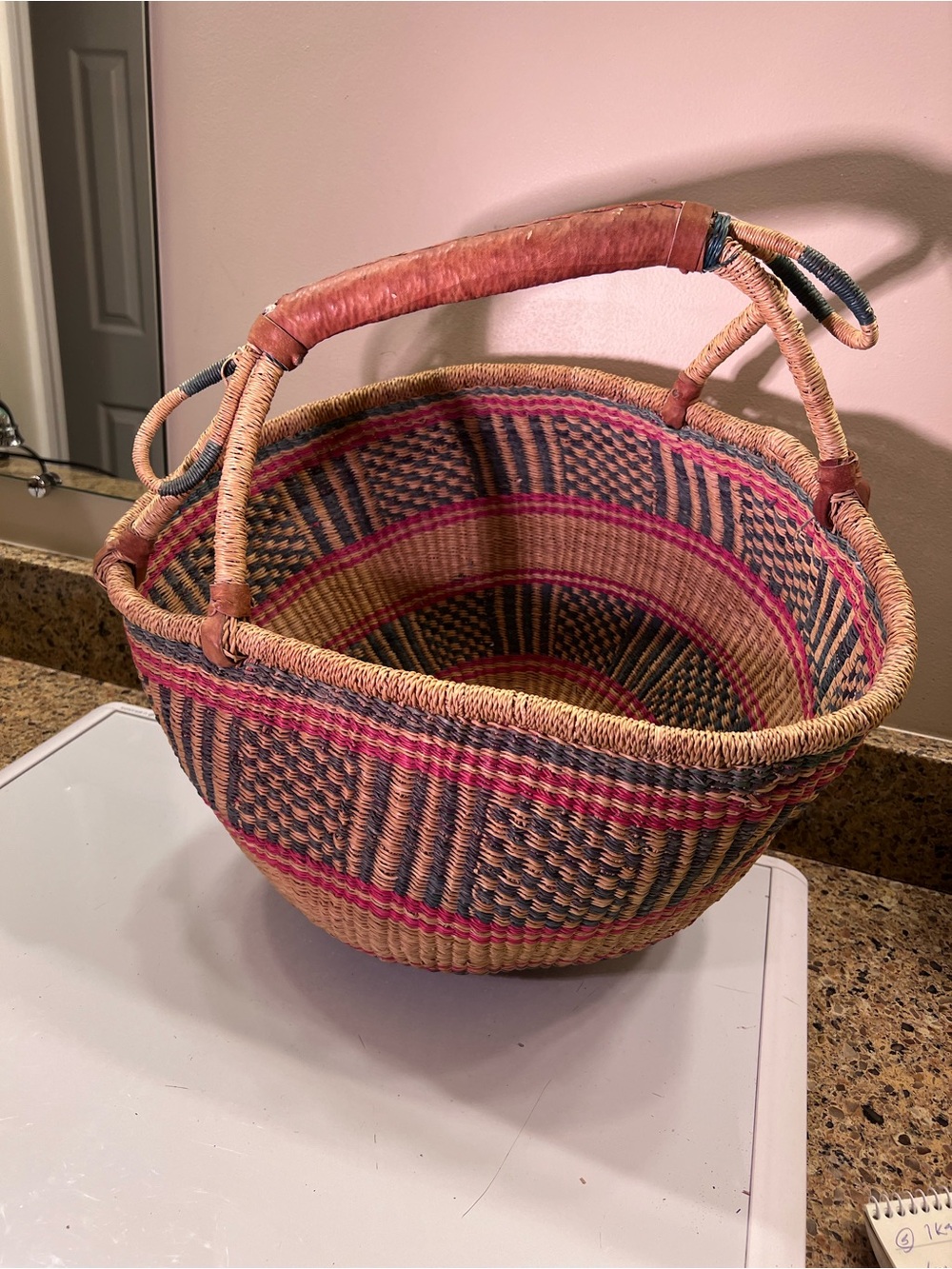 Handwoven Ghana Bolga Pink Green Natural Straw Market Basket - Home Accents